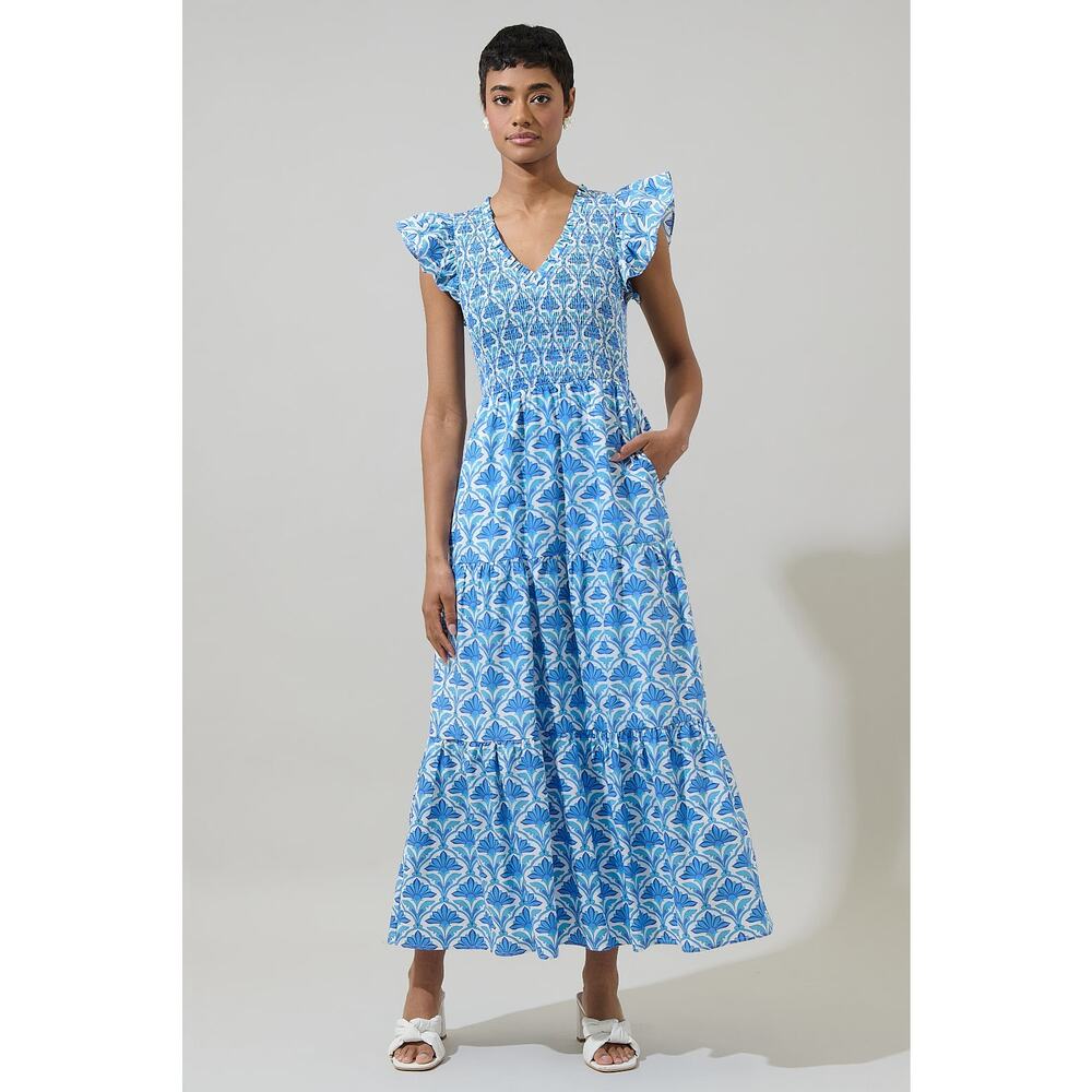 Sugar Lips Blue + White Geo Sunfire Elyse Tiered Cap Sleeve Midi Dress Medium - Picture 2 of 12
